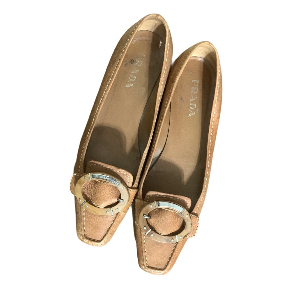 Prada Wood and Metal slip on flat loafers